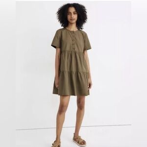 Madewell Button Front Tiered Poplin Babydoll Mini Dress Olive Green Size Medium